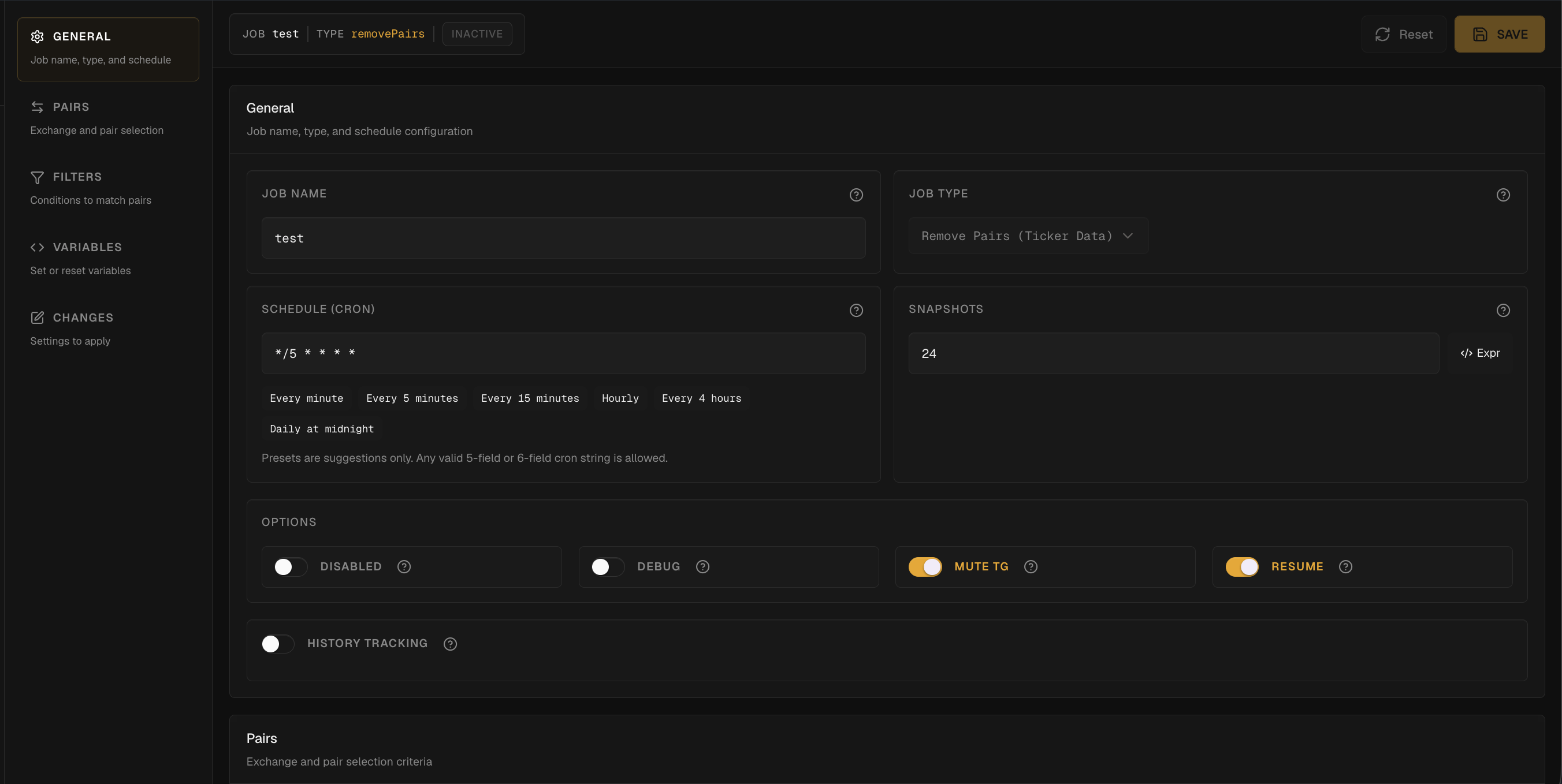 Gunbot Live autoconfig editor showing job settings, schedule, pair filters, variables, changes and save controls