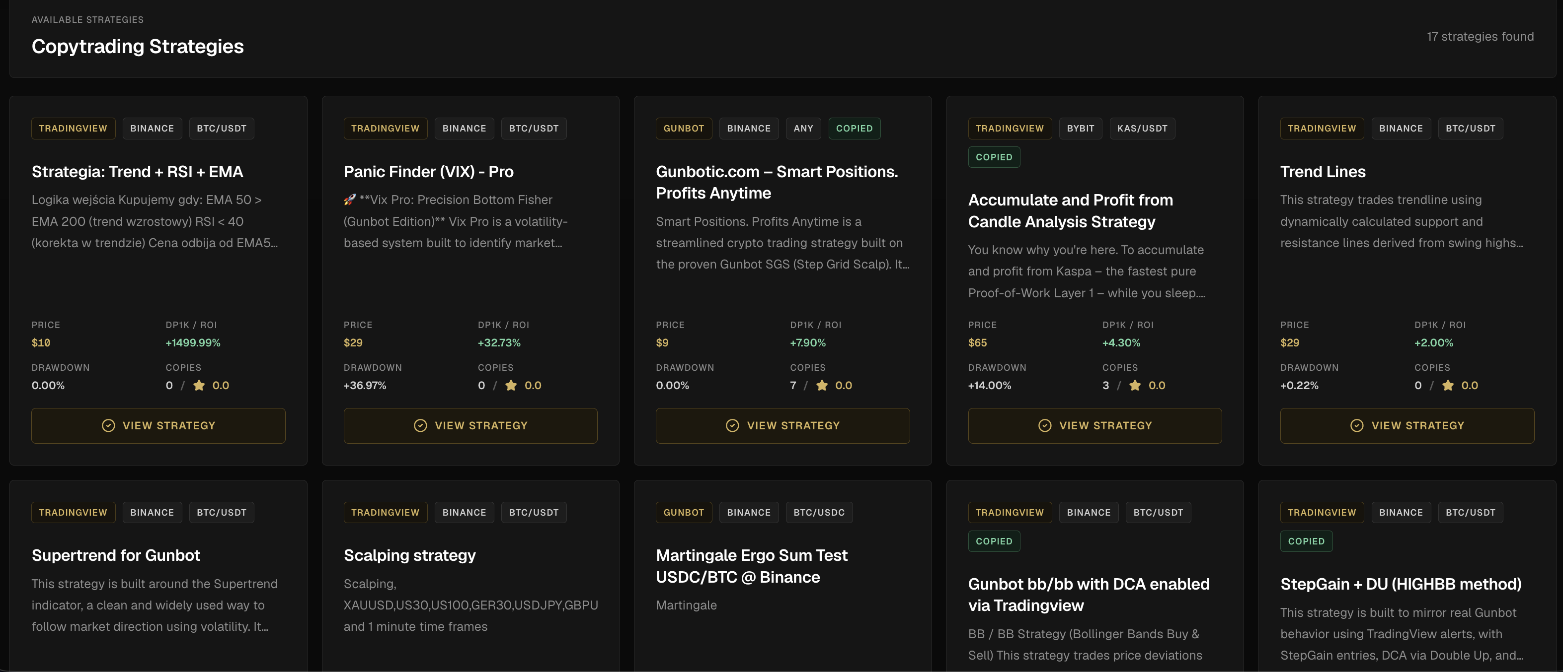 Gunbot Live copy trading marketplace with strategy cards, provider badges, prices, DP1K, ROI, drawdown and copy counts