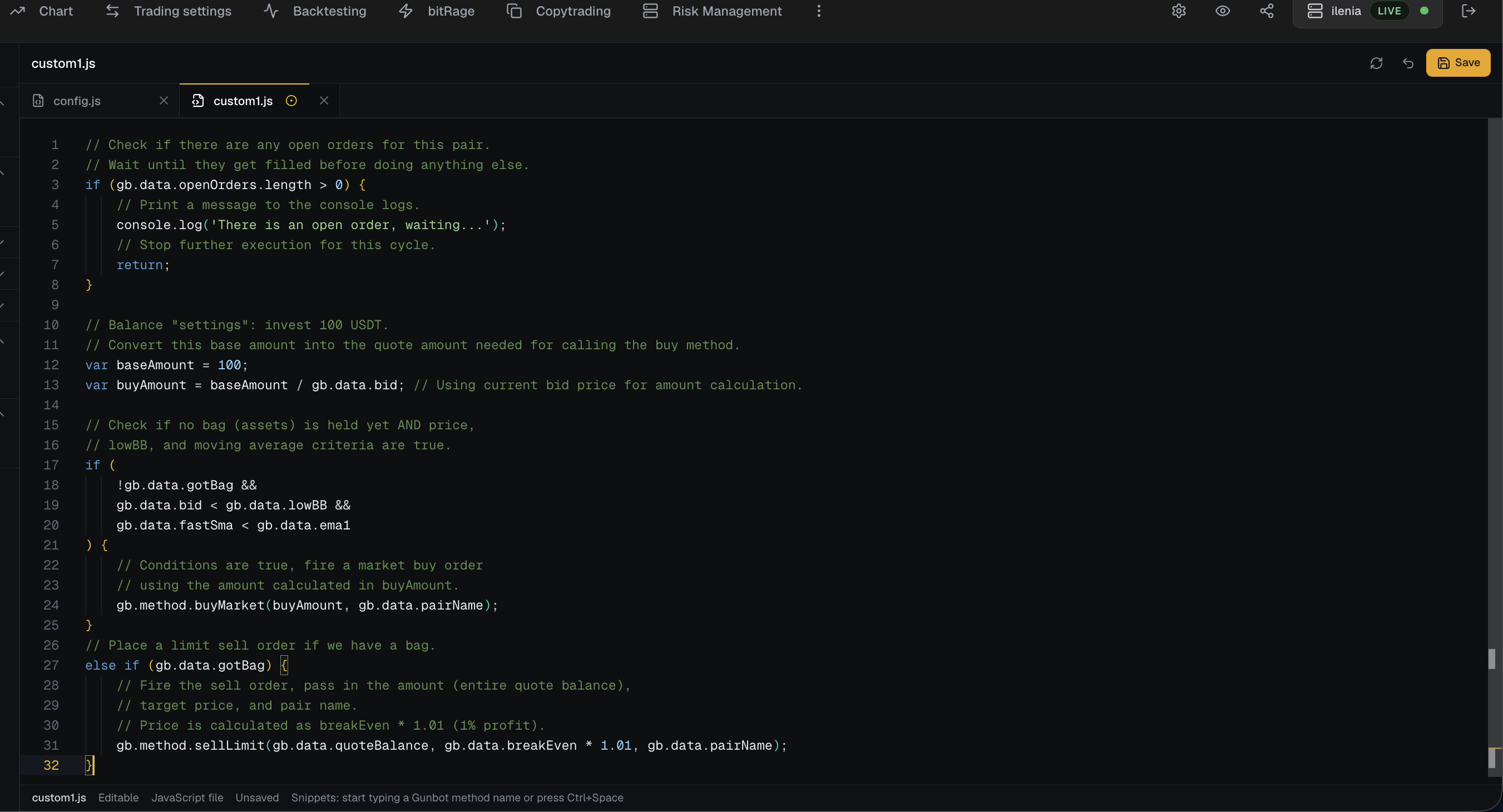 Gunbot Live code editor showing a custom JavaScript strategy file with syntax highlighting, save controls and live instance context