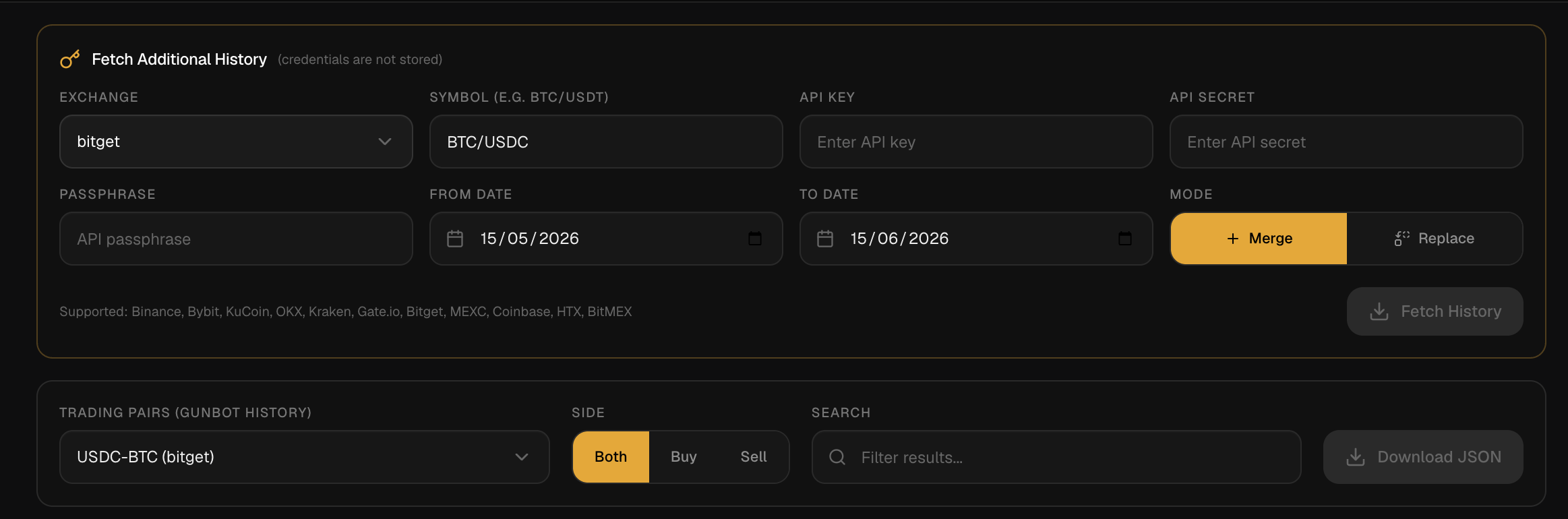 Gunbot Live trading history tools with additional exchange history fetch, pair filter, side filter, search and JSON download