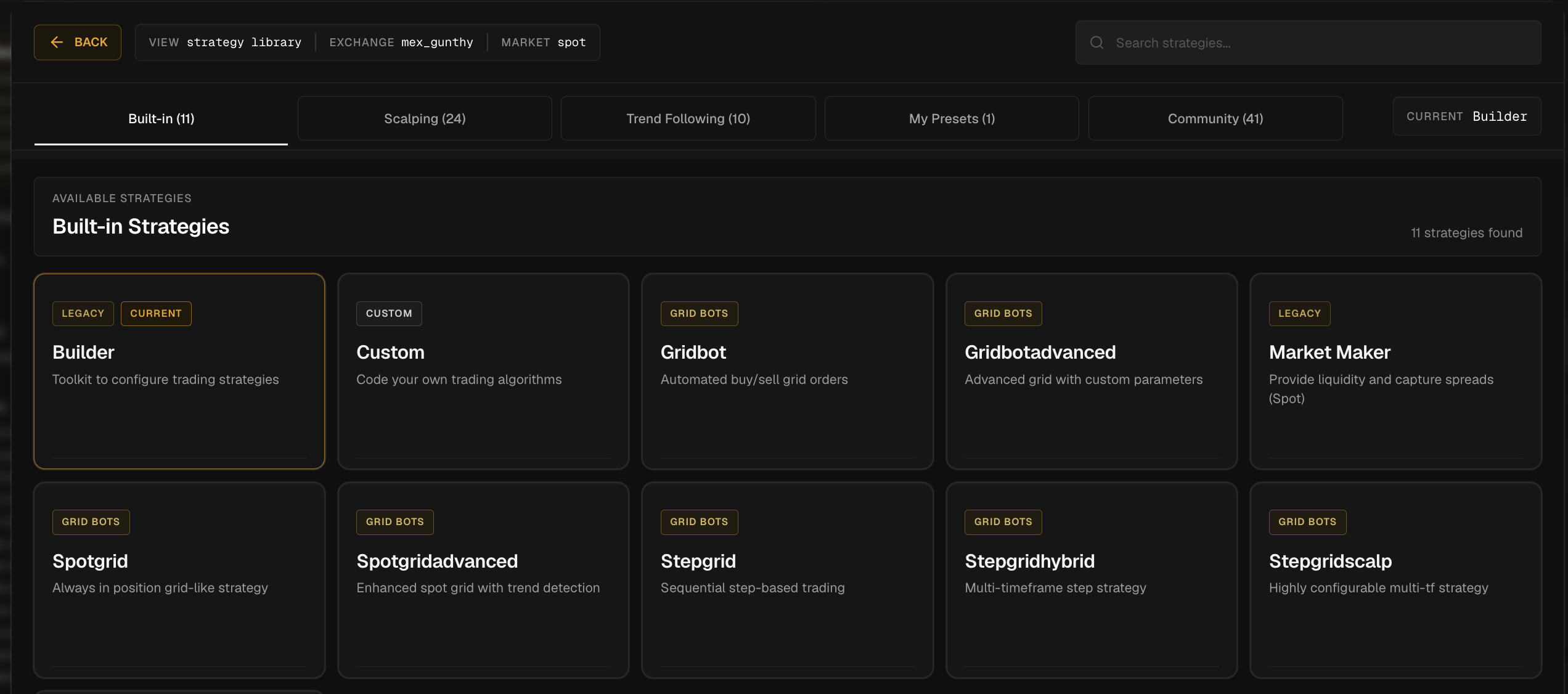 Gunbot Live strategy library showing built-in, scalping, trend following, presets and community strategy categories with strategy cards