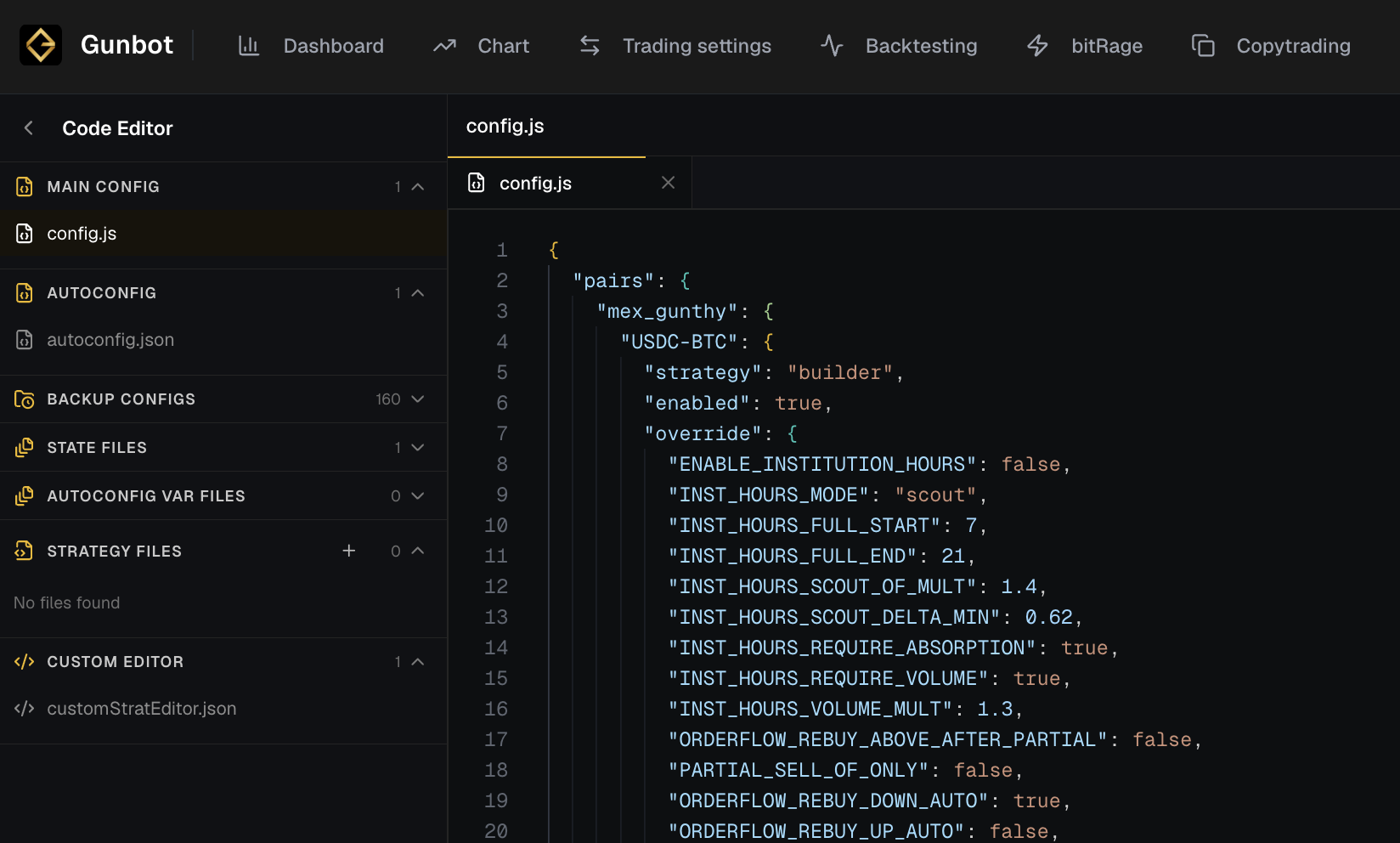 Gunbot Live code editor showing config.js and custom strategy editor files for JavaScript strategy customization