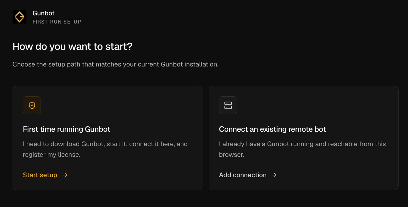 Gunbot Live first-run setup screen asking whether to start a new Gunbot setup or connect an existing remote bot