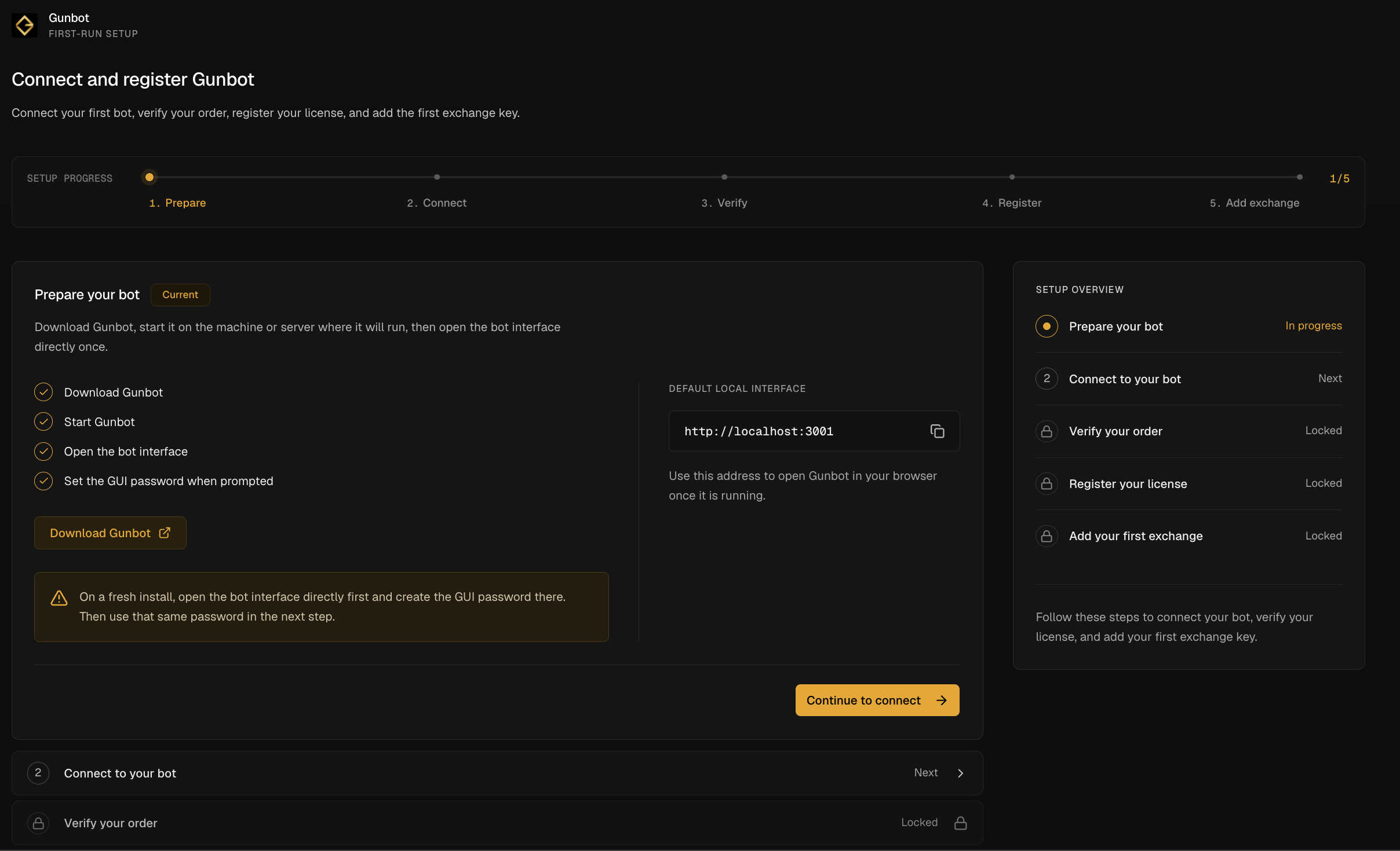 Gunbot Live connect and register setup wizard showing five steps: prepare, connect, verify, register and add exchange